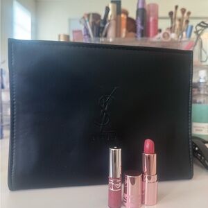 Yves Saint Laurent Black Leather Pouch with Pink Lipsticks